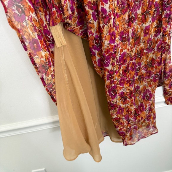 Sundance Silk Floral Wrap Midi Dress Size 10 Orange Pink V Neck Sleeveless - Picture 7 of 8